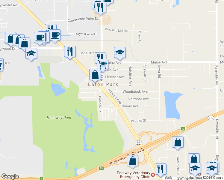 map of restaurants, bars, coffee shops, grocery stores, and more near 3050 Atlantic Avenue in Lakeland
