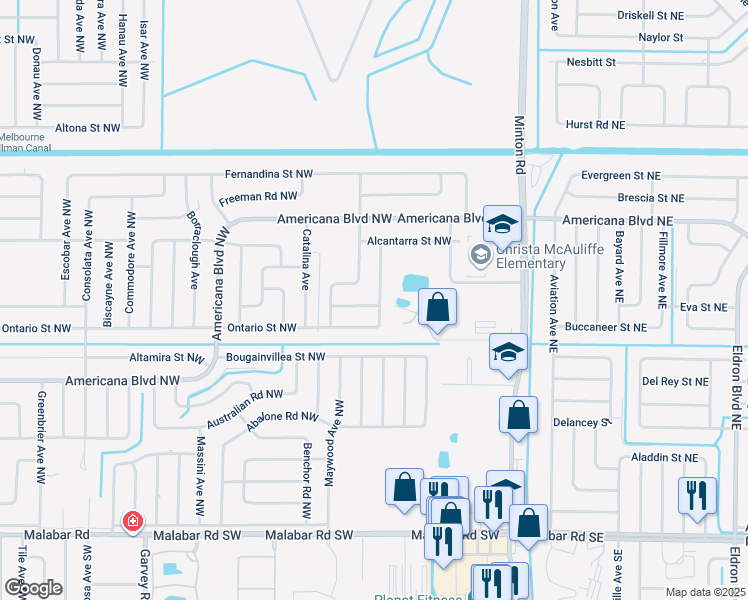 map of restaurants, bars, coffee shops, grocery stores, and more near 333 Alberca Street Northwest in Palm Bay