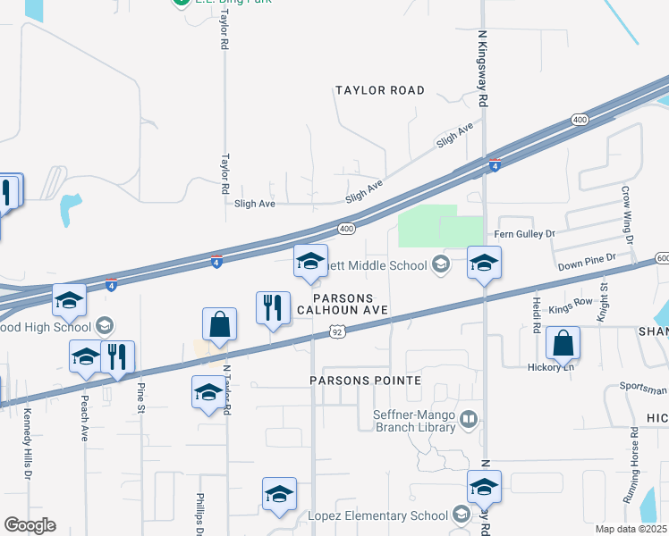 map of restaurants, bars, coffee shops, grocery stores, and more near 1009 North Parsons Avenue in Seffner