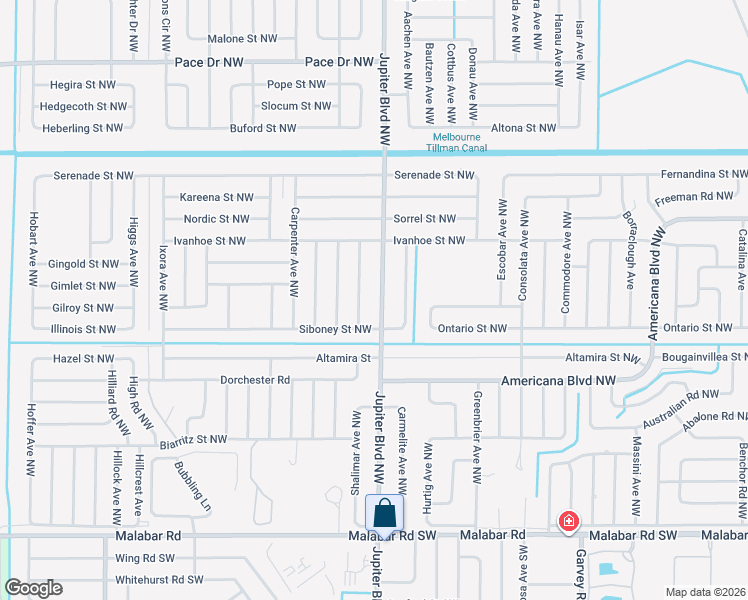 map of restaurants, bars, coffee shops, grocery stores, and more near 1366 Jupiter Boulevard Northwest in Palm Bay