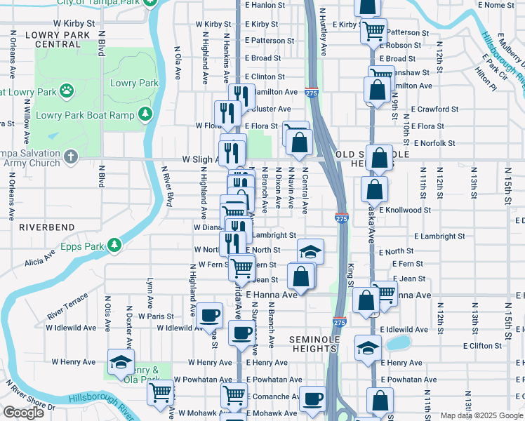 map of restaurants, bars, coffee shops, grocery stores, and more near 6602 North Branch Avenue in Tampa