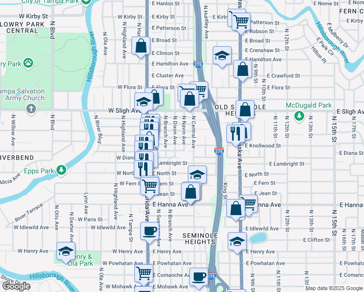 map of restaurants, bars, coffee shops, grocery stores, and more near 6602 North Navin Avenue in Tampa