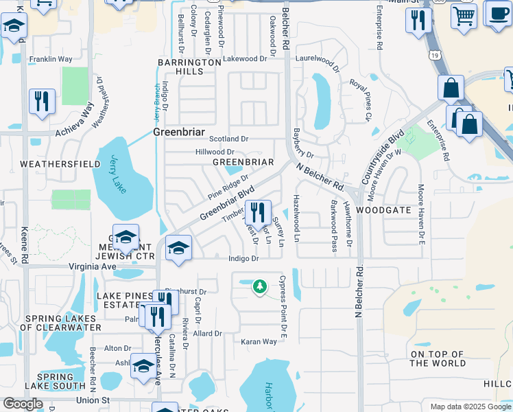 map of restaurants, bars, coffee shops, grocery stores, and more near 2143 Timber Lane in Clearwater