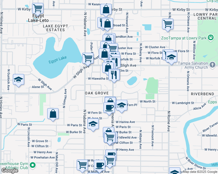 map of restaurants, bars, coffee shops, grocery stores, and more near 2507 West Knollwood Street in Tampa