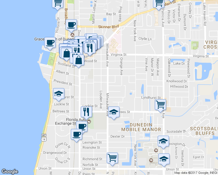 map of restaurants, bars, coffee shops, grocery stores, and more near 541 Milwaukee Avenue in Dunedin