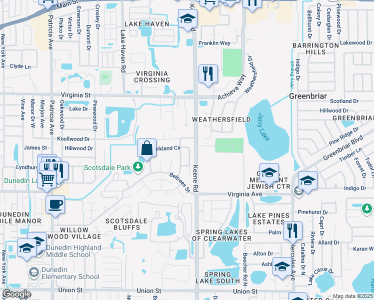 map of restaurants, bars, coffee shops, grocery stores, and more near 740 Kirkland Circle in Dunedin