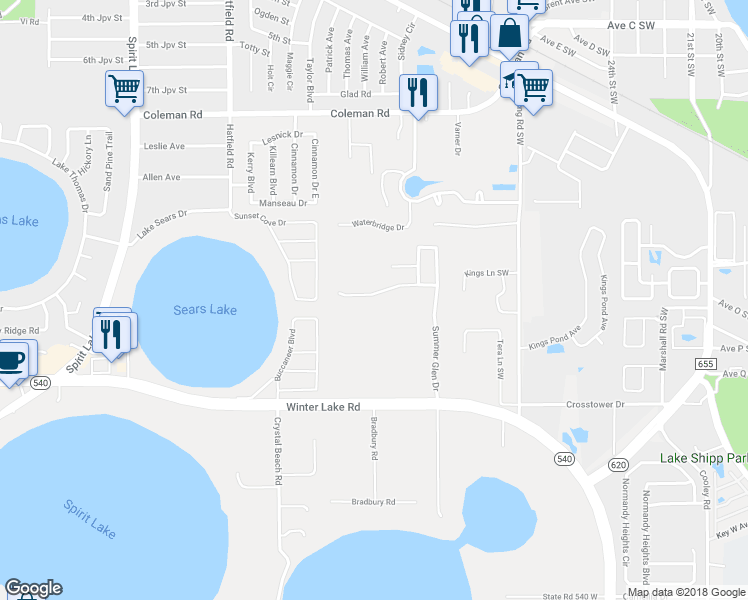 map of restaurants, bars, coffee shops, grocery stores, and more near 1050 Summer Glen Drive in Winter Haven