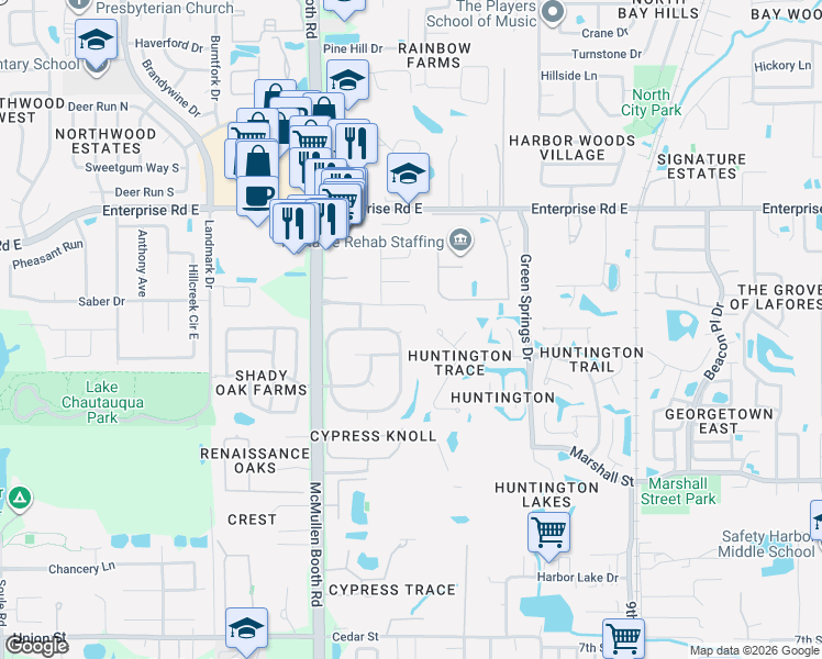 map of restaurants, bars, coffee shops, grocery stores, and more near 144 Woodside Court in Safety Harbor