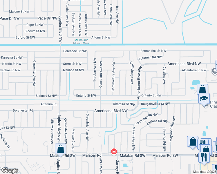 map of restaurants, bars, coffee shops, grocery stores, and more near 427 Biscayne Avenue Northwest in Palm Bay