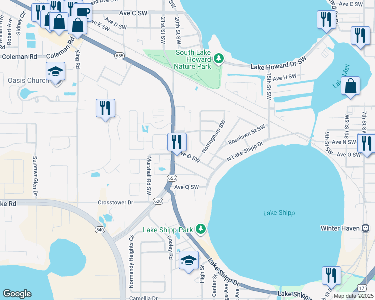 map of restaurants, bars, coffee shops, grocery stores, and more near 2119 Kings Crossing Southwest in Winter Haven