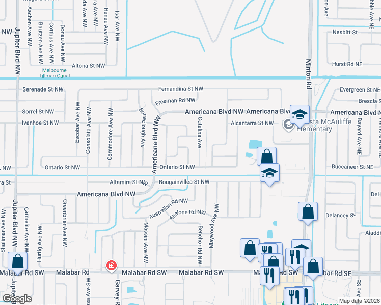 map of restaurants, bars, coffee shops, grocery stores, and more near 445 Cortez Road in Palm Bay