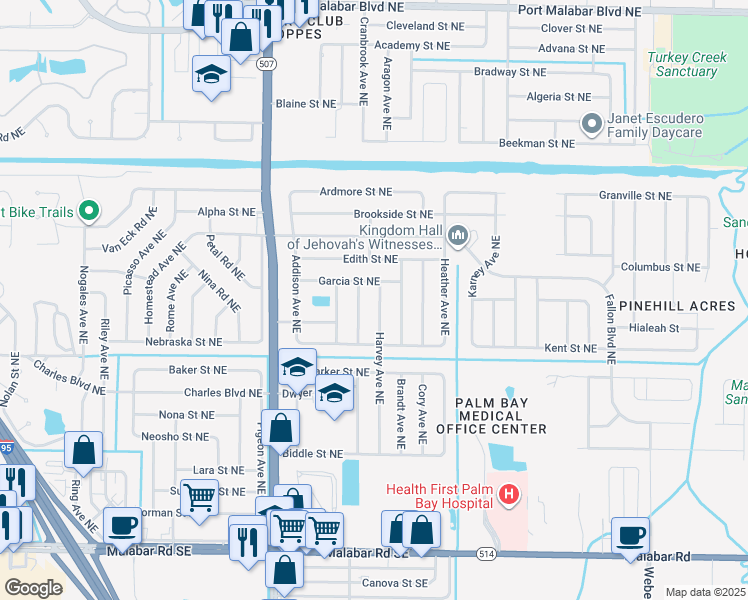 map of restaurants, bars, coffee shops, grocery stores, and more near 474 Harvey Avenue Northeast in Palm Bay
