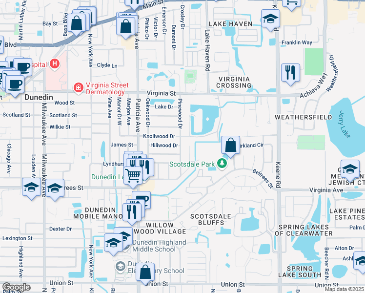 map of restaurants, bars, coffee shops, grocery stores, and more near 649 Pinewood Drive in Dunedin