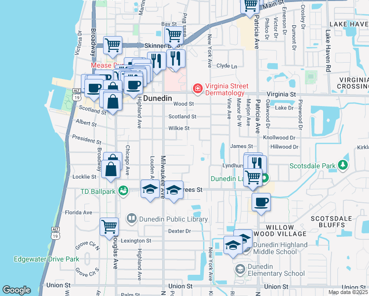 map of restaurants, bars, coffee shops, grocery stores, and more near 659 Magnolia Street in Dunedin