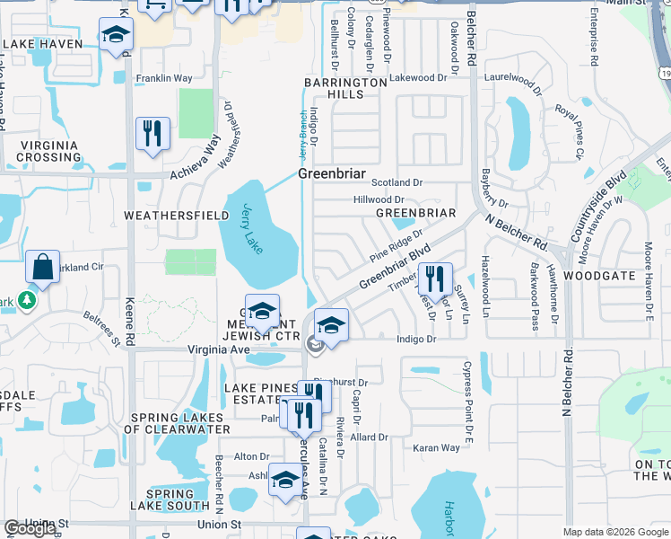 map of restaurants, bars, coffee shops, grocery stores, and more near 2036 Pine Ridge Drive in Clearwater