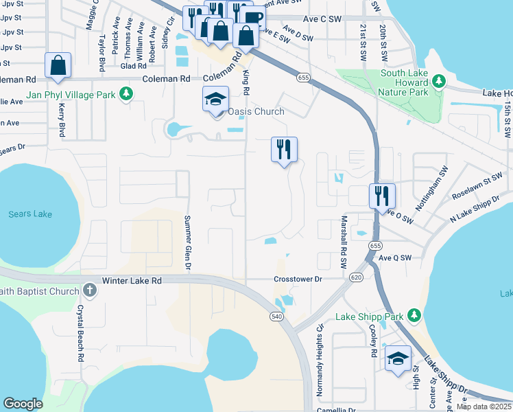 map of restaurants, bars, coffee shops, grocery stores, and more near 226 King Road Southwest in Winter Haven