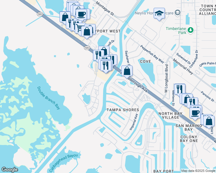 map of restaurants, bars, coffee shops, grocery stores, and more near 10741 Drummond Road in Tampa