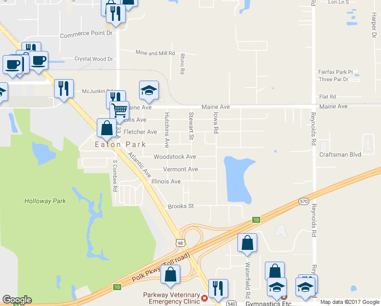 map of restaurants, bars, coffee shops, grocery stores, and more near 2848 Woodstock Avenue in Lakeland