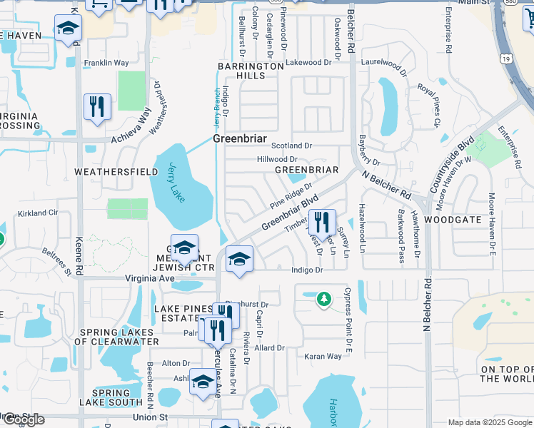 map of restaurants, bars, coffee shops, grocery stores, and more near 2063 Pine Ridge Drive in Clearwater