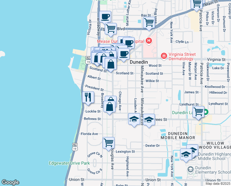 map of restaurants, bars, coffee shops, grocery stores, and more near 542 Douglas Avenue in Dunedin