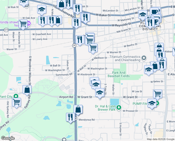 map of restaurants, bars, coffee shops, grocery stores, and more near 1307 West Washington Street in Plant City