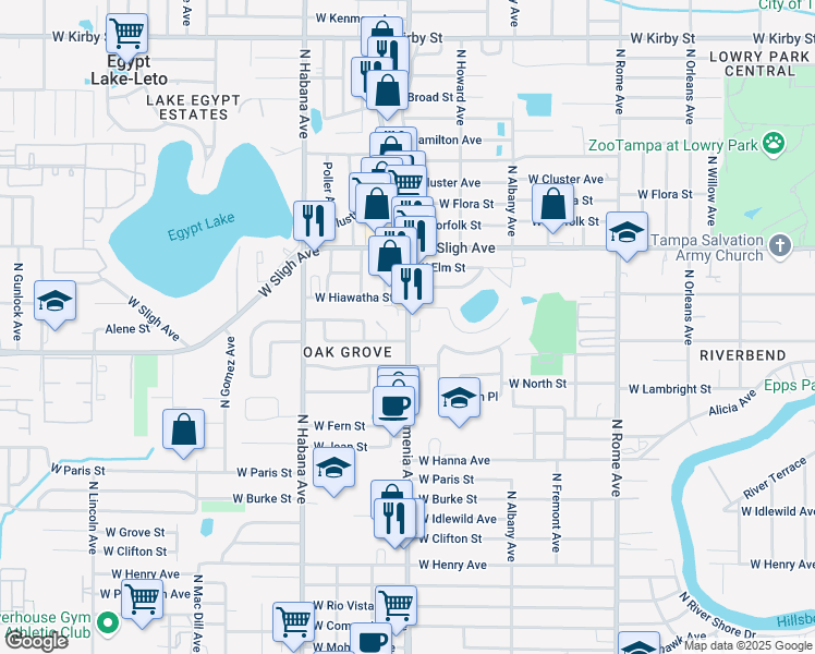 map of restaurants, bars, coffee shops, grocery stores, and more near 2507 West Knollwood Street in Tampa