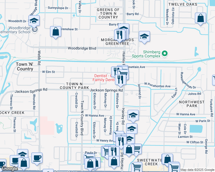map of restaurants, bars, coffee shops, grocery stores, and more near 7601 Jackson Springs Road in Tampa