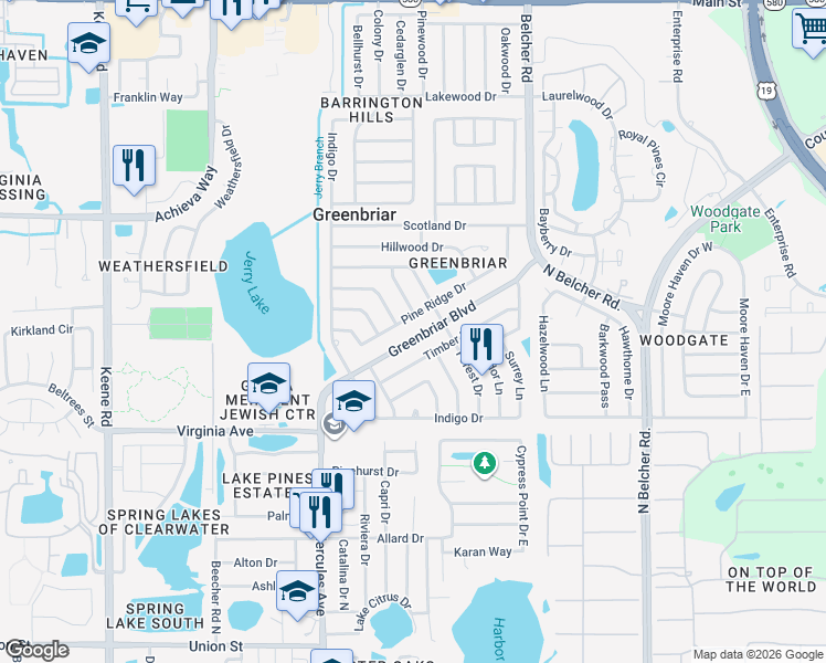 map of restaurants, bars, coffee shops, grocery stores, and more near 2063 Pine Ridge Drive in Clearwater