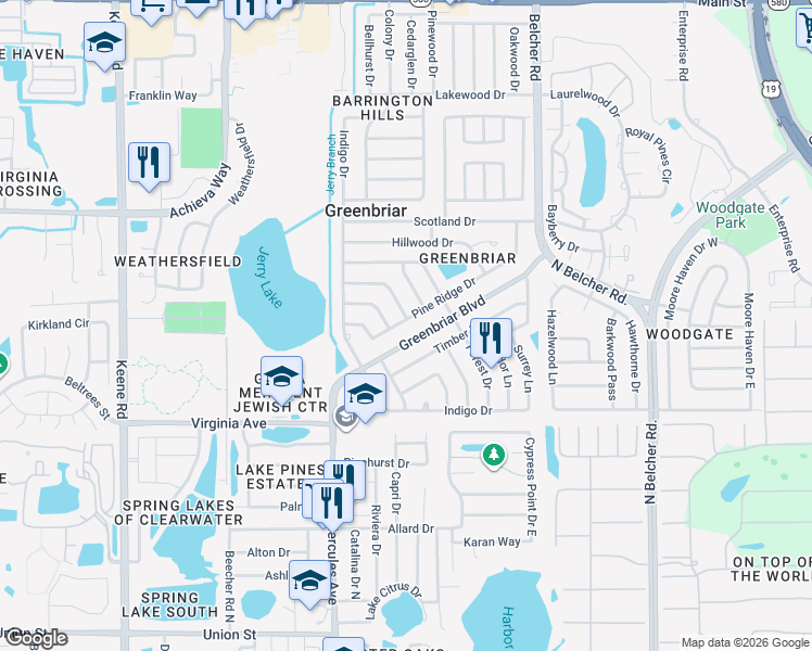 map of restaurants, bars, coffee shops, grocery stores, and more near 2063 Pine Ridge Drive in Clearwater
