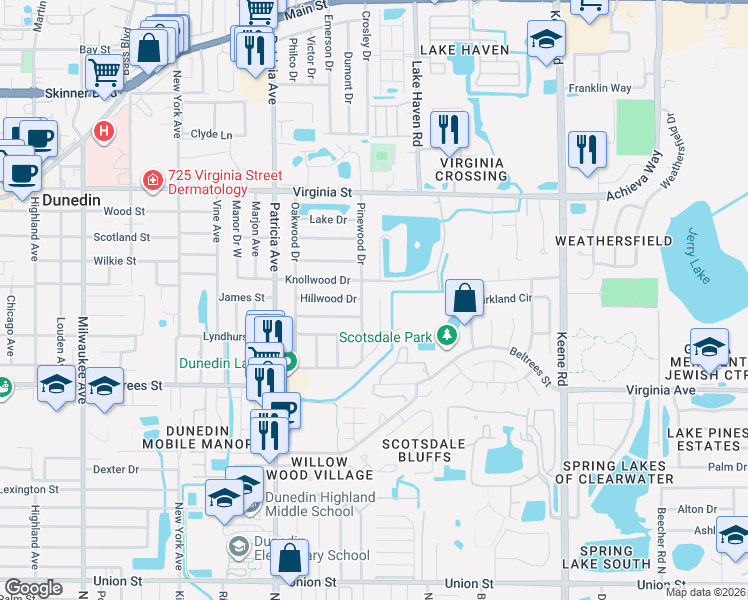map of restaurants, bars, coffee shops, grocery stores, and more near 649 Pinewood Drive in Dunedin