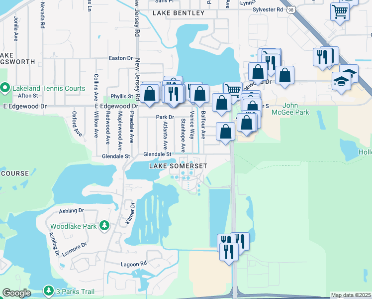 map of restaurants, bars, coffee shops, grocery stores, and more near 3036 Stanhope Avenue in Lakeland