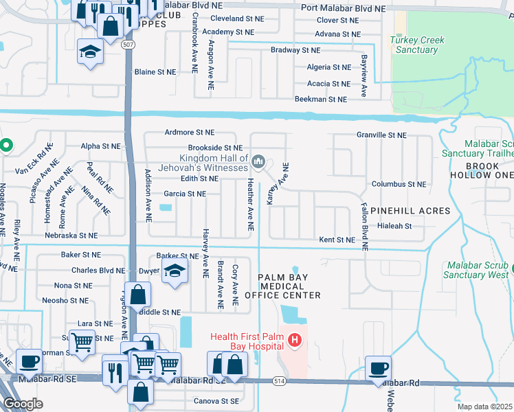 map of restaurants, bars, coffee shops, grocery stores, and more near 453 Heather Avenue Northeast in Palm Bay
