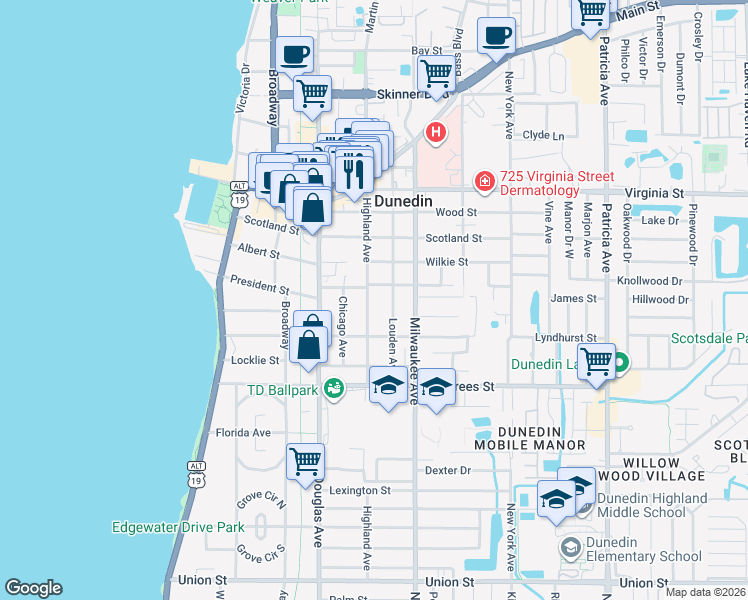 map of restaurants, bars, coffee shops, grocery stores, and more near 546 Louden Avenue in Dunedin