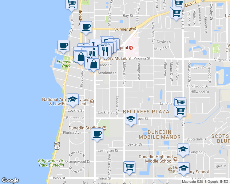 map of restaurants, bars, coffee shops, grocery stores, and more near 546 Louden Avenue in Dunedin