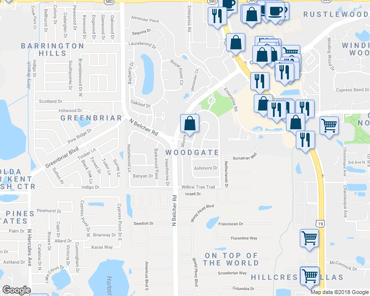 map of restaurants, bars, coffee shops, grocery stores, and more near 2385 Moore Haven Drive West in Clearwater