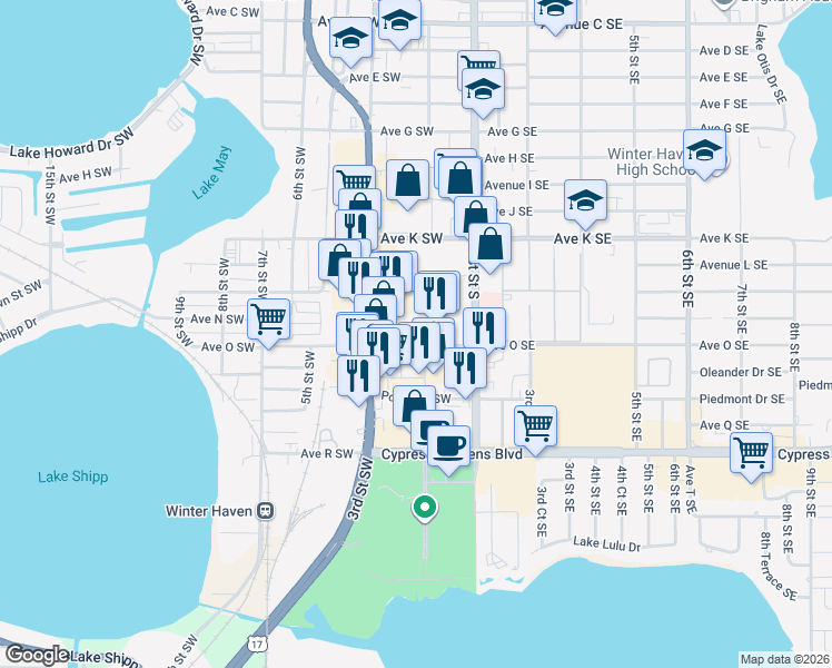 map of restaurants, bars, coffee shops, grocery stores, and more near 219 Avenue O Southeast in Winter Haven