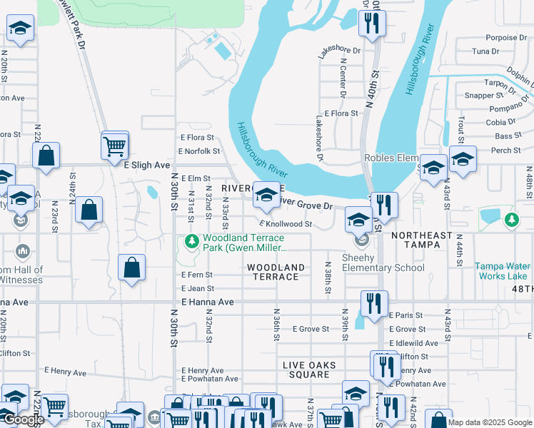 map of restaurants, bars, coffee shops, grocery stores, and more near 6604 Orangewood Terrace in Tampa