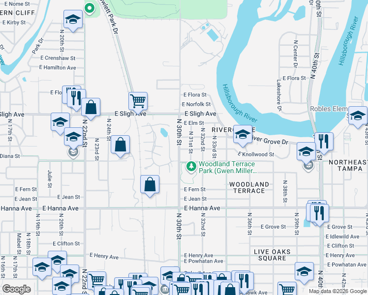 map of restaurants, bars, coffee shops, grocery stores, and more near 6601 North 30th Street in Tampa