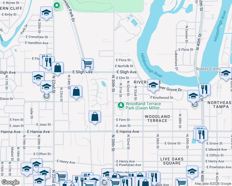 map of restaurants, bars, coffee shops, grocery stores, and more near 6601 North 30th Street in Tampa