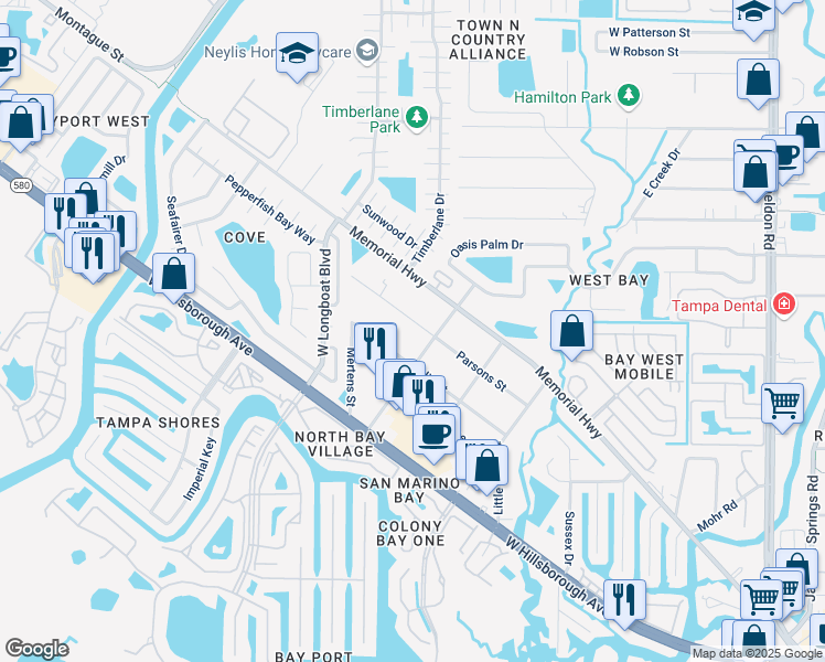 map of restaurants, bars, coffee shops, grocery stores, and more near 10206 Parsons Street in Tampa
