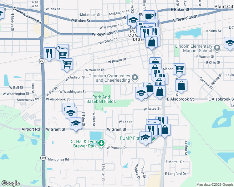 map of restaurants, bars, coffee shops, grocery stores, and more near 806 South Franklin Street in Plant City
