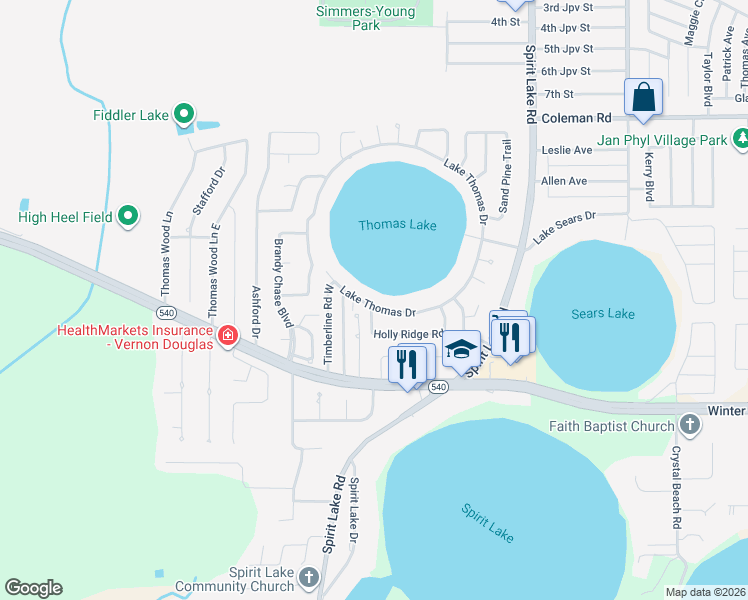 map of restaurants, bars, coffee shops, grocery stores, and more near 241 Lake Thomas Drive in Winter Haven