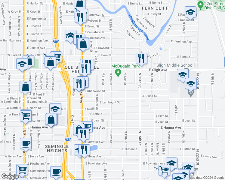 map of restaurants, bars, coffee shops, grocery stores, and more near 6701 North 12th Street in Tampa