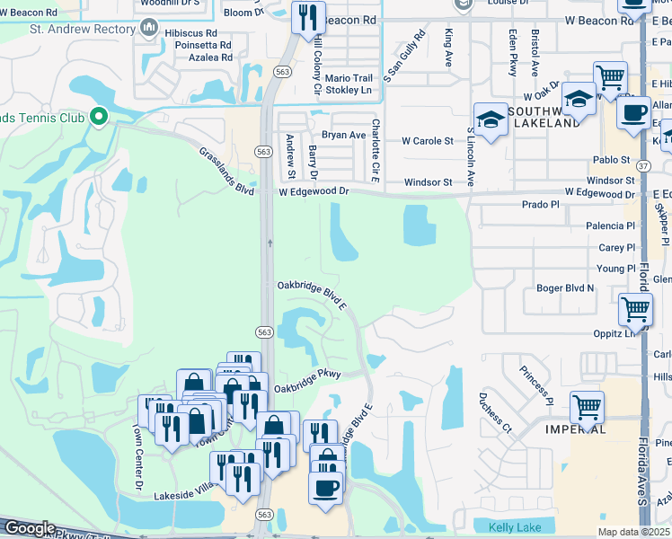 map of restaurants, bars, coffee shops, grocery stores, and more near 3014 Mission Lakes Drive in Lakeland