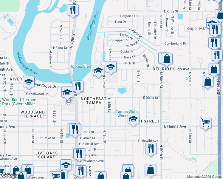 map of restaurants, bars, coffee shops, grocery stores, and more near 4346 Cambio Gardens Court in Tampa