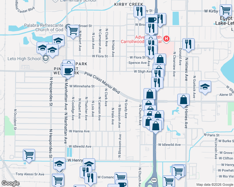 map of restaurants, bars, coffee shops, grocery stores, and more near 6614 Blossom Avenue in Tampa