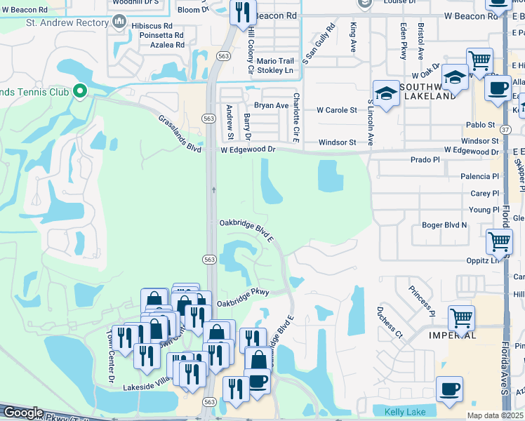 map of restaurants, bars, coffee shops, grocery stores, and more near 3014 Mission Lakes Drive in Lakeland