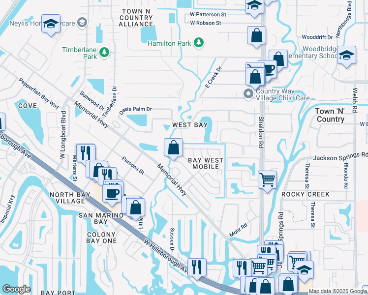 map of restaurants, bars, coffee shops, grocery stores, and more near 313 Greenvale Drive in Tampa