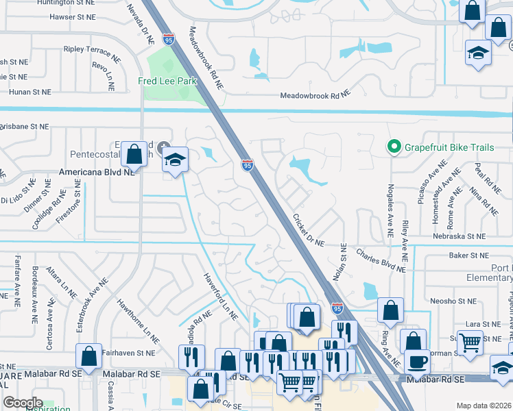 map of restaurants, bars, coffee shops, grocery stores, and more near 255 Holiday Park Boulevard Northeast in Palm Bay