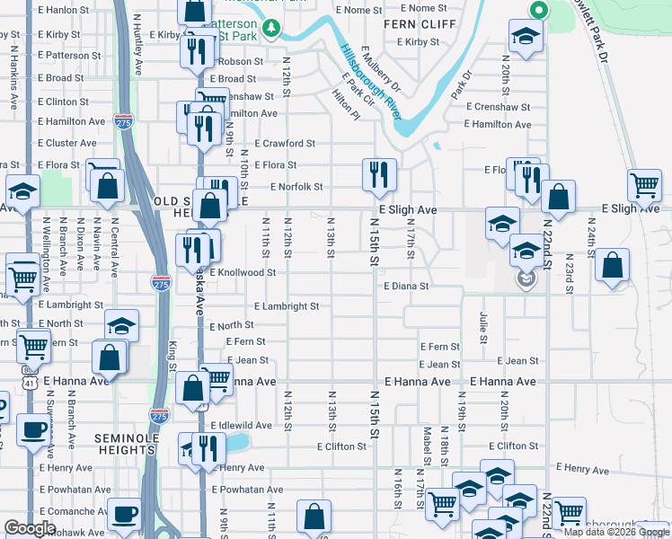 map of restaurants, bars, coffee shops, grocery stores, and more near 1304 East Knollwood Street in Tampa